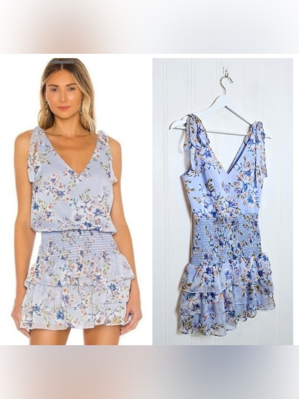 Amanda Uprichard Mini Dress Womens XS Blue Floral Ruched Waist Ruffled Tiered